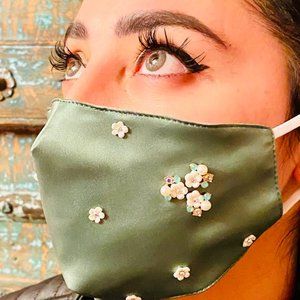Green Silk Mask with Crystals,Pearls, Bling ,2 lay